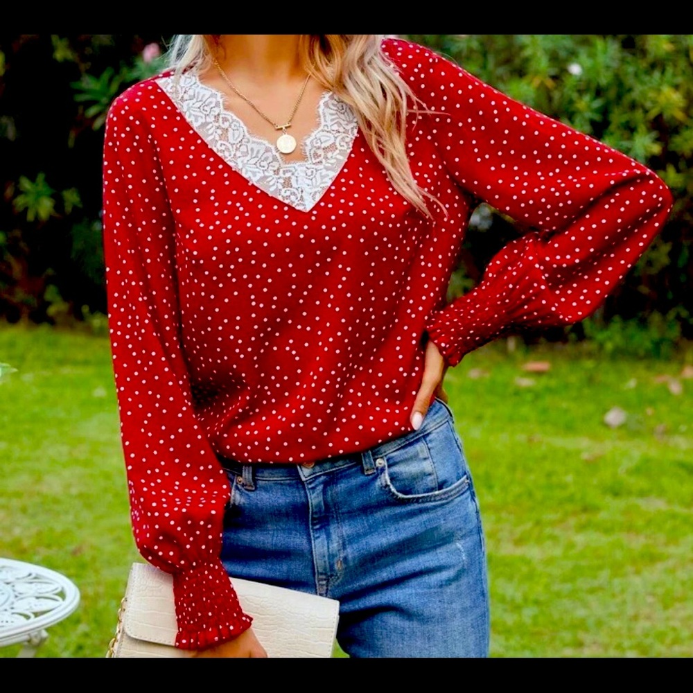 Long sleeve Red and white shirt.
